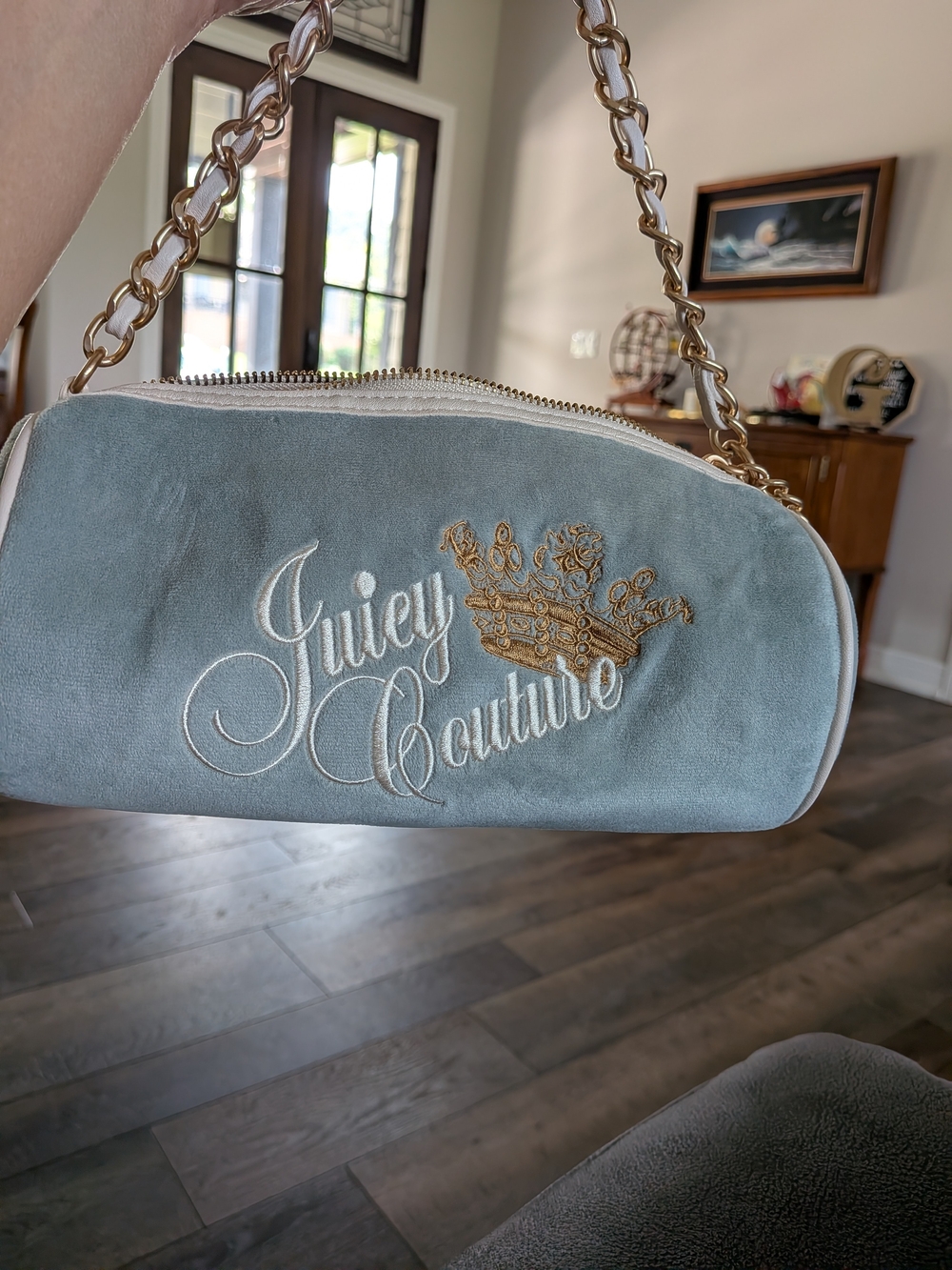 Juicy Couture Light Blue Velore  Chain-Handle Barrel Bag